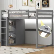Hochbett aus Holz in Doppelbettgröße mit integriertem Kleiderschrank und Stauraumregalen