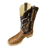 Men’s Handcrafted Boots Genuine Cowhide Ostrich Print Leather Square Toe