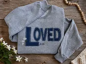 Loved Christian Embroidered Sweatshirt & Hoodie | John 3:16 | Raw-Edge Denim Appliqué | It's So Cute®