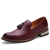 Men's Burgundy Tassel Loafers with Slip-On Design and Low Block Heel