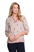 3/4 FLARE SLEEVE NOTCH NECK EMBROIDERED TOP - GEO CREAM/BURGUNDY/TAN