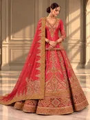 Coral Red & Gold Embroidered Bridal Lehenga