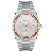 0Tissot T-Classic PRX Powermatic 80 Watch with Round 40mm Silver Index Dial and Date, Rose Gold PVD Plated Bezel on Brushed Stainless Case and Band with Butterfly Clasp and Push-buttons