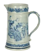 Edelweiss Pitcher, a seated group on one side watching maid and on the other side leaning on a keg of beer.
