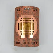 12″ Wall Light-Mission Cover w/Single Window Borders-Open Top Half Round-Copper Brick-Amber Mica-Indoor-Outdoor