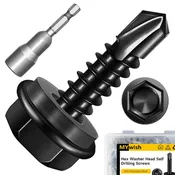 100 Pack Number 10 X 3/4 Black Oxide Self Drilling Screws 410 Stainless Steel Hex Washer Head Sheet Metal Tek Screws Fast Tapping Build Tough Rip Through Steel No Sweat Install Plus Free Socket Bit Adapter