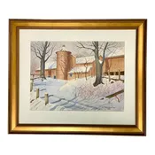Watercolor Painting of New England Barn in Winter