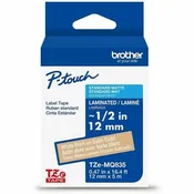 Brother Genuine P-touch TZeMQ835 WHT on SATIN GLD Label Tape, Laminated, 12mmX5m - 15/32" Width - Satin Gold - Laminated - Water Resistant - 1 Each