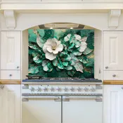 3D Floral Glass Kitchen Backsplash: Green, White & Gold Tempered Art