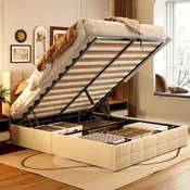 Gestoffeerd platformbedframe met hydraulisch opbergsysteem