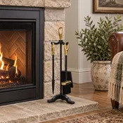 4 PC SET SMALL BLACK IRON FIREPLACE TOOL SET WITH BRASS TONE HANDLES