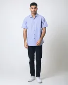 Quieti Performance Blue geo Print, Short Sleeve Woven Shirt