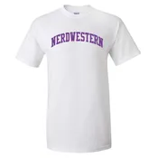 Adult White Short Sleeve Tee Shirt with “Nerdwestern” Design