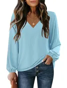 Air Blue V-Neckline Bishop Sleeves Loose Fit Women's Top