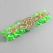 Acid Green Satin with Gold Wedding Garter / Green Wedding Garters / Charlotte # (556-556)-01-A05-Gold