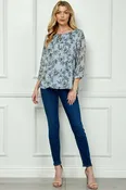 3/4 Button Cuff Sleeve Smock Shoulder Tie Neck Blouse - Blue - Floral