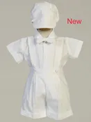 Boys Cotton Christening Oxford Suspender Short Set with Hat