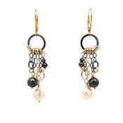 14k Black Diamond and Pearl Long Drop Earrings