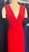 Red V-Neck Evening Gown with Bustled Back Detail - Sleeveless Formal Dress - Size 10 (Fits Like 8)