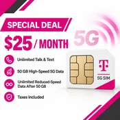 T-Mobile Unlimited text & Call $25 Monthly 5G SIM Plan — 50 GB High-Speed Data