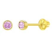 14K Gold Tiny Bezel CZ Birthstone Solitaire 3mm Screw Back Earrings