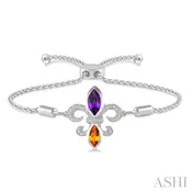 10x5 MM Marquise Cut Amethyst & 8x4 MM Marquise Cut Citrine and 1/20 Ctw Round Diamond Fleur De Lis Sterling Silver Lariat Bracelet
