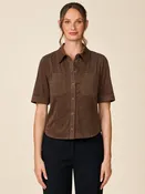 Anthem Faux Suede Button Front Shirt- Brown