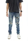 Heavy Distressed Blue Washed Skinny Denim W/ Black Leather