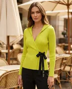 Chartreuse Ribbed Ribbon-Tie Hooded Knit Top B-123