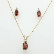 10K Yellow Gold Diamond + Oval Garnet Stud Earrings & Necklace Set