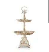 31.5 INCH WHITE AND GOLD WASHED METAL 2 TIERED TABLETOP TRAY