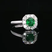 14K White Gold Lennon Ring with Emerald and Diamond Halo