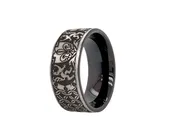 8mm Custom Made, Black Plated Tungsten Ring with Family Crest and Victorian Designs