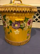 10 Gallon Galvanized Can – Yellow Ochre wash, greenery, floral vines, Waverly Beaded trim on lid rim and base