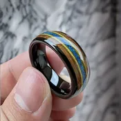 8 mm Black Tungsten with Whiskey Barrel Wood, Guitar String/Blue Opal Inlay Model #1048