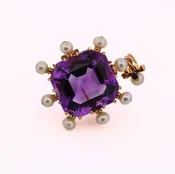 Estate Vintage 18K Amethyst & Pearl Pendant / Pin