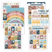 16 Boho Rainbow Prek and Kindergarten Posters and 9 Phonics and Vowels Posters for Classroom or Home