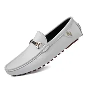 Men's White Driving Loafers with Metal Bit Detail and Moc Toe