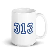 313 Detroit Ceramic Coffee Mug 15 oz - White / Blue