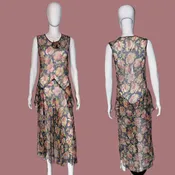 1920s Navy Floral Print Sheer Chiffon Flapper Dress – Size S