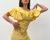 1930s Vintage Antique Buttercup Yellow Flutter Sleeve Bias Cut Crepe Rayon Gown Dress