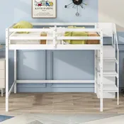 Hochbett aus Holz in Doppelbettgröße mit integriertem Kleiderschrank und Treppe mit Stauraum