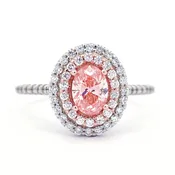 Fancy Vivid Pink 0.70 Carat Oval Double Halo Diamond Engagement Ring 1.22 CTW in 14K White & Rose Gold