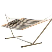 Deluxe 52 Quilted Fabric Hammock with Patented KD Space Saving Hammock Stand and Pillow Combo - Beige and Black Stripe