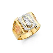 14K Tri-Color Gold Men's Virgin Mary & Cross CZ Ring – Religious Statement Ring