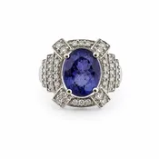 14K White Gold Oval Tanzanite Ring with Natural Diamond Halo