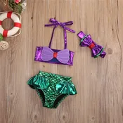 0–5 Years Baby Girl Mermaid Swimsuit – 3-Piece Bikini Set with Halter Top, High-Waist Bottoms & Bow Headband | Summer Beach Swimwear