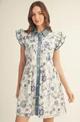 Blue Floral Button Up Collared, Tiered Mini Dress