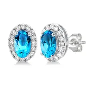 10Kt White Gold 5x3mm Oval Blue Topaz & 0.13cttw Diamond Halo Stud Earrings