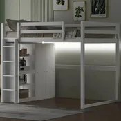 Hochbett aus Holz in Doppelbettgröße mit integriertem Kleiderschrank und Regalen mit Stauraum, LED-Leuchte